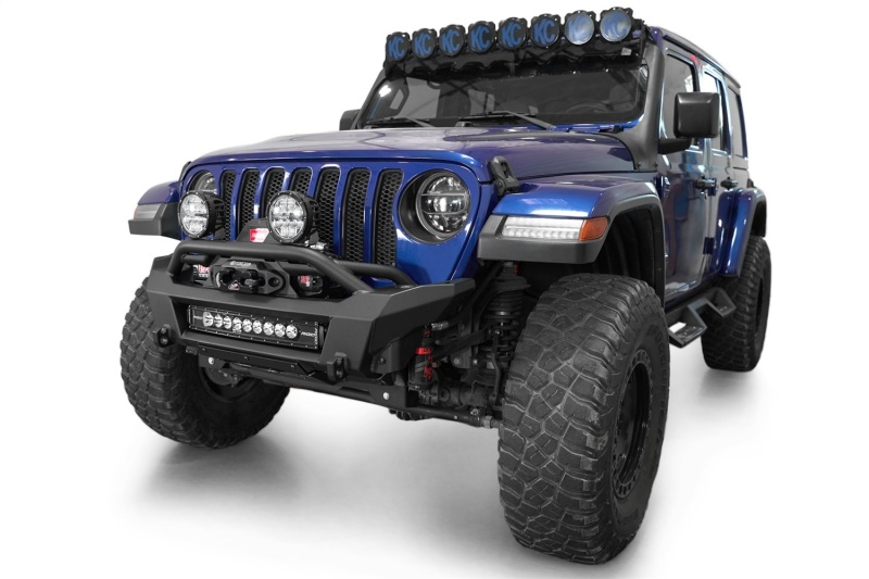Jeep Wrangler JL Front Bumper - Addictive Desert Designs - Phantom Series, Stubby Winch, Satin Black Aluminum Accent Panels - Hammer Black - `18-`24